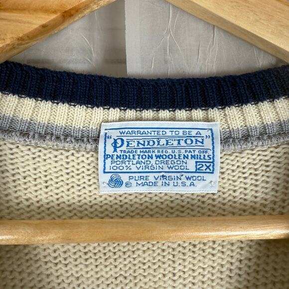 Vintage Pendleton wool sweater vest 2X cream navy trim cable knit made in USA - Picture 2 of 11
